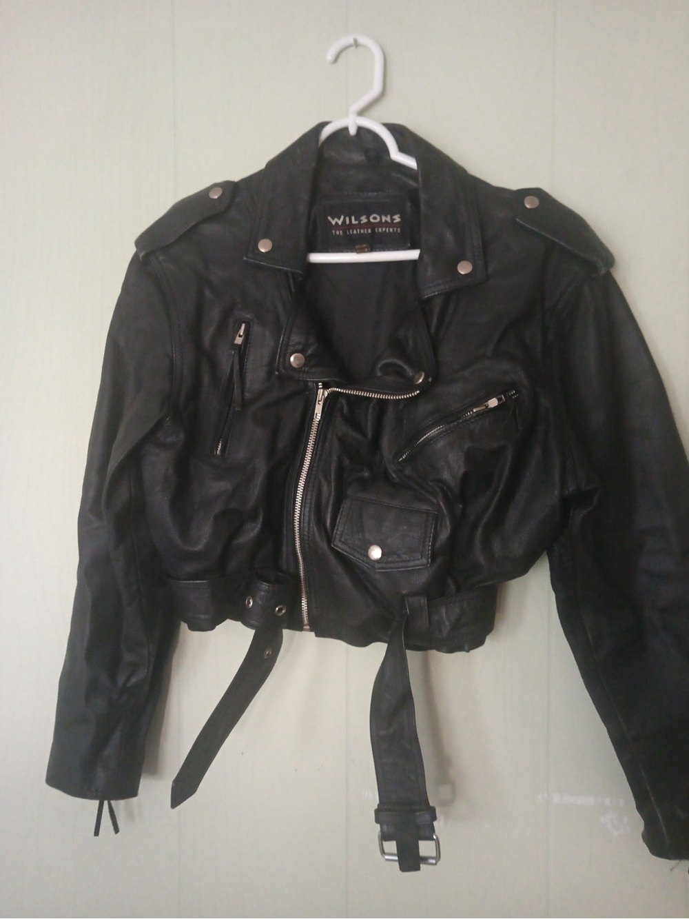 Wilsons Leather Black Cropped Moto Jacket with Belted Waist